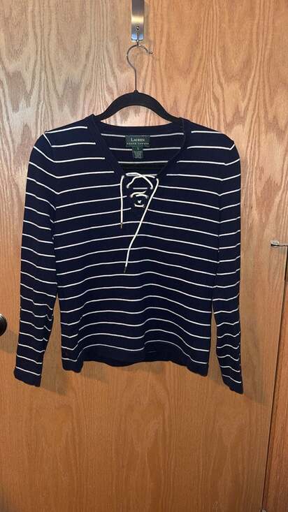 Lauren Ralph Lauren Sweaters - Lauren Ralph Lauren Navy Blue and White Striped Lace-Up V-Neck Cotton Sweater